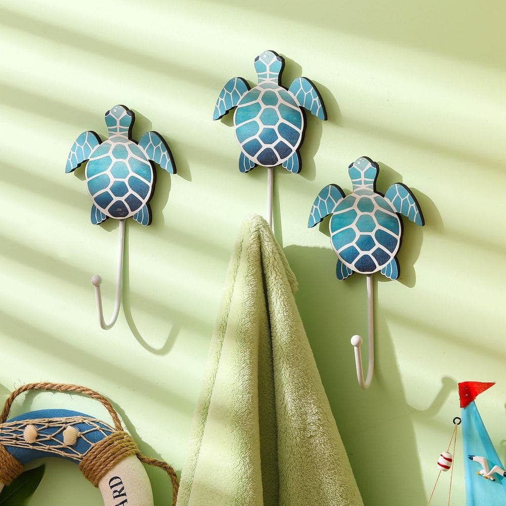KHKFY Nautical Sea Turtle Wall Hooks Set, 4-Piece Wall Mounted Key Holder for Living Room and Bath, Towel Hooks (3)