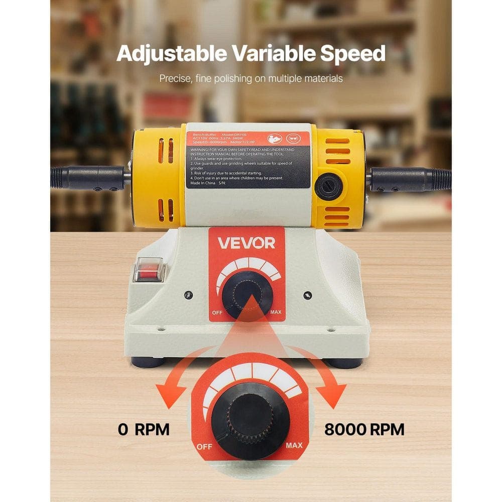VEVOR Bench Buffer Polisher 1/2HP Polishing and Buffing Machine, 0 to 8000RPM Benchtop Polisher w/ 2-Pieces 4 in. Cotton Wheel (3)