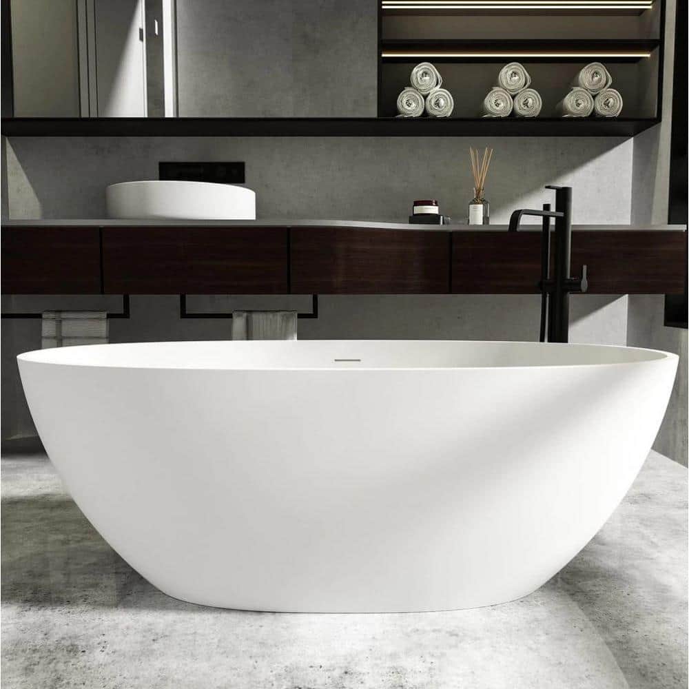 Zeus & Ruta 61 in. x 29.5 in. Artificial Stone Soaking Bathtub with Center Drain in Matt White (1)