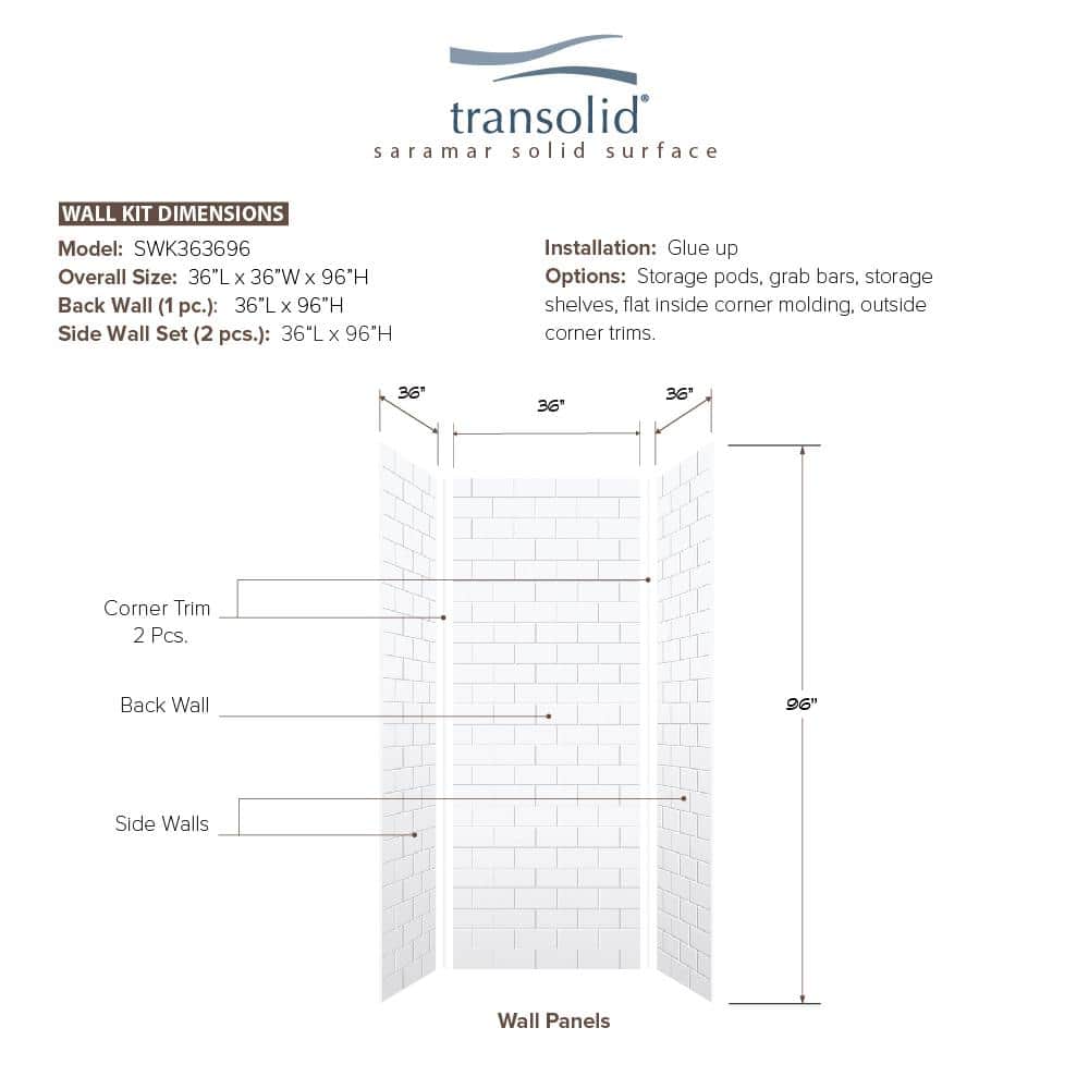 Transolid SaraMar 36 in. x 36 in. x 96 in. 3-Piece Easy Up Adhesive Alcove Shower Wall Surround in White (3)