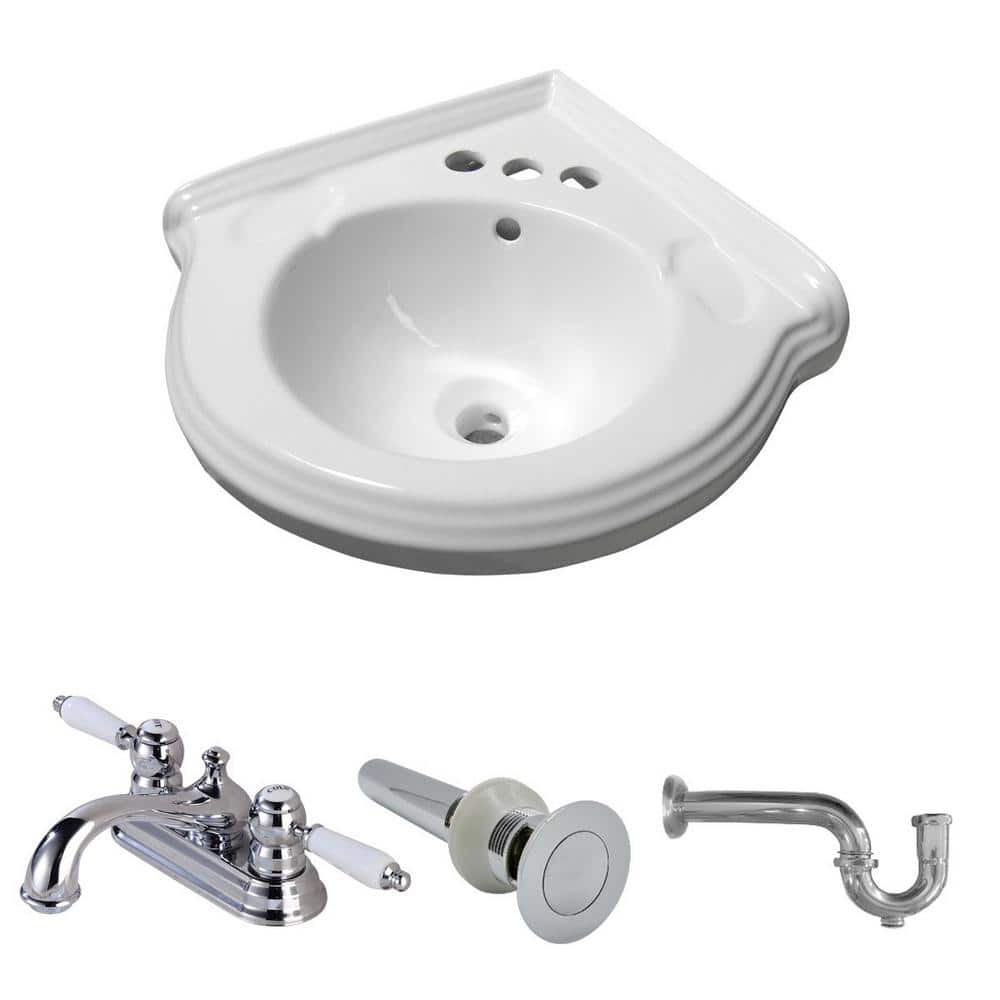 RENOVATORS SUPPLY MANUFACTURING Portsmouth 22 in. Corner Wall Mounted Bathroom Sink Combo in White with Overflow P-Trap Faucet and Drain (1)