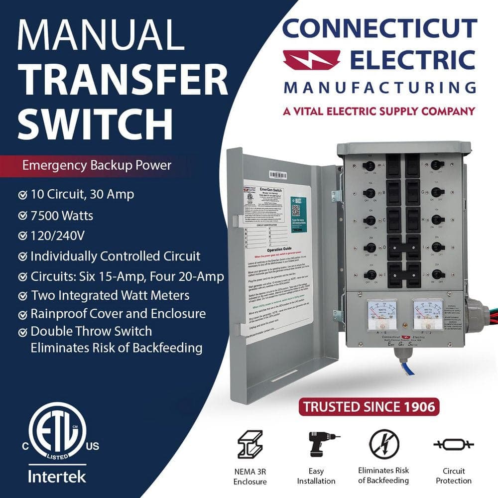 Connecticut Electric 30 Amp 240-Volt 7,500-Watt Non-Fused Type G2 Manual Transfer Switch (3)
