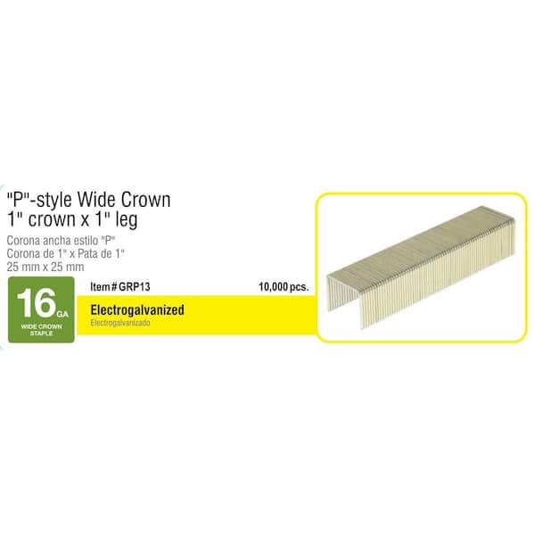 Grip-Rite 1 in. x 1 in. 16-Gauge Adhesive Collated Electrogalvanized P-Style Wide Crown Construction Staples 10000 per Box (2)