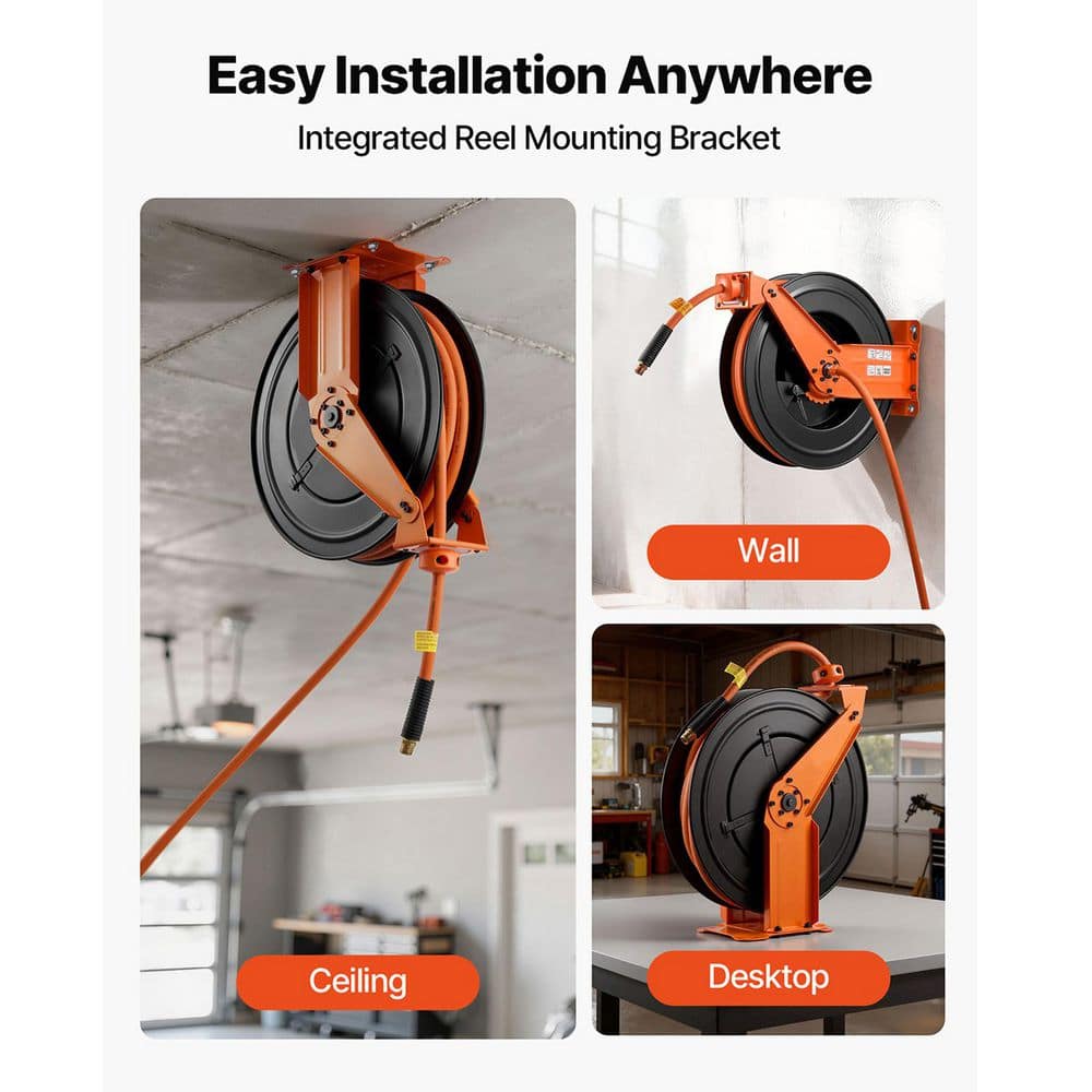 SKYSHALO 1/2 in. x 50 ft. Retractable Air Hose Reel, Rubber Hose, Heavy-Duty Steel, Max 300 PSI, Ceiling/Wall Mount, 2025 Update (3)