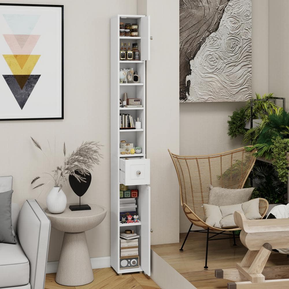 Tenleaf 7.87 in. W x 7.87 in. D x 70.87 in. H White MDF Freestanding Linen Cabinet with 4 Adjustable Shelves and 1 Drawers (3)