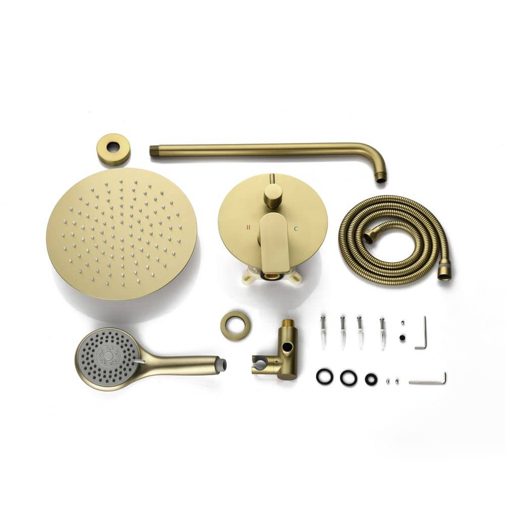 BEARSOLIM Brass Brushed Gold Shower Faucet 1 Jet Shower System 10 in. Rainfall Shower Head with Rough-in Valve Included in Gold (2)
