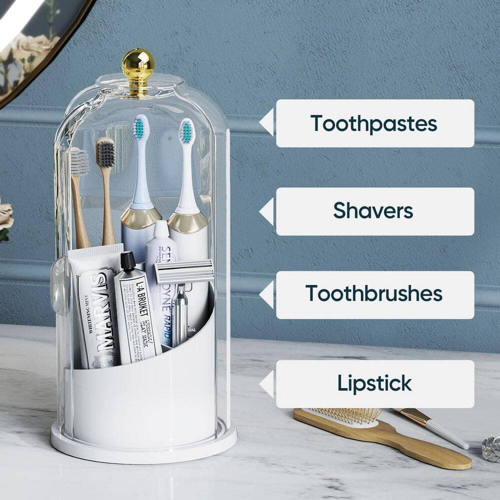 Wudkey Freestanding Covered Toothbrush Holder with 180° Dustproof Sliding Lid and 360° Smooth Rotating Base in White (3)