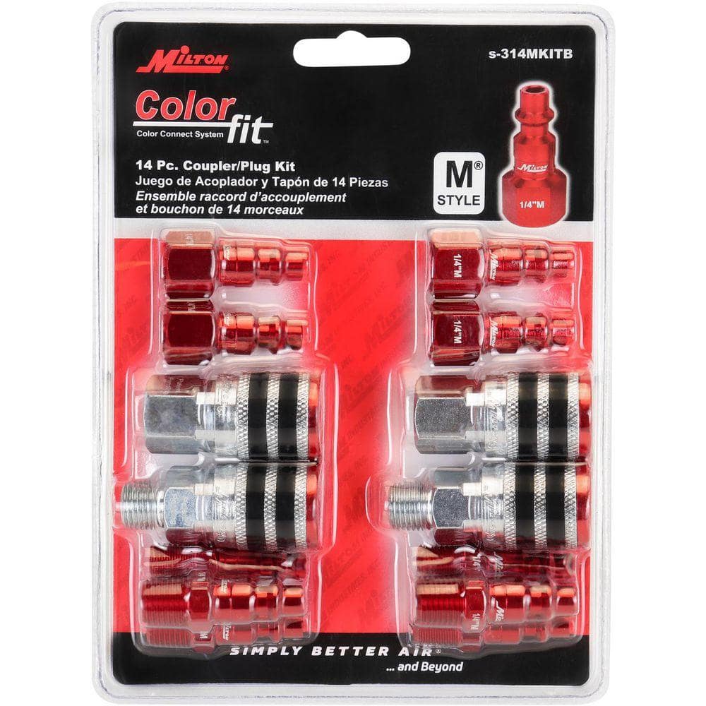 Milton ColorFit Coupler and Plug Kit, with Rubber Safety Bumper-(M-Style, Red)-1/4 in. NPT, (14-Piece) (3)