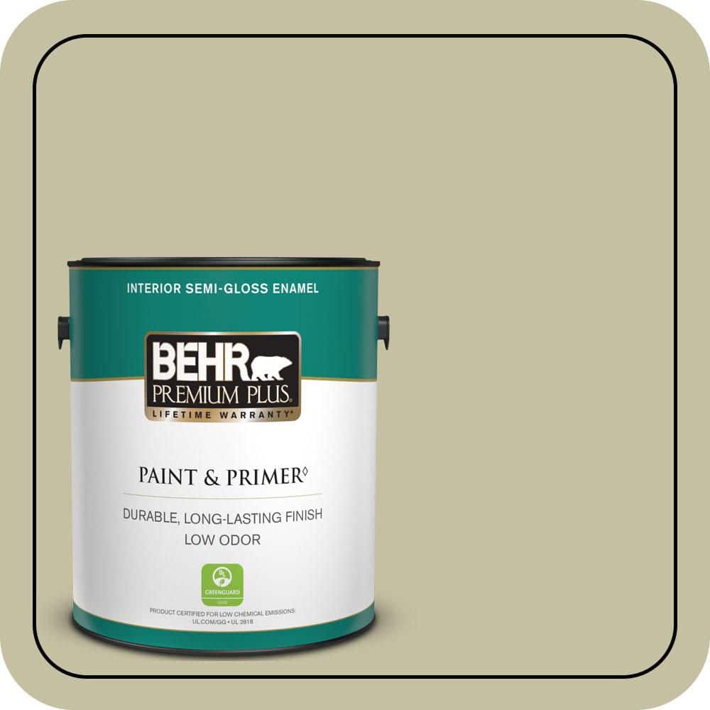BEHR PREMIUM PLUS 1 gal. #S350-3 Washed Olive Semi-Gloss Enamel Low Odor Interior Paint & Primer