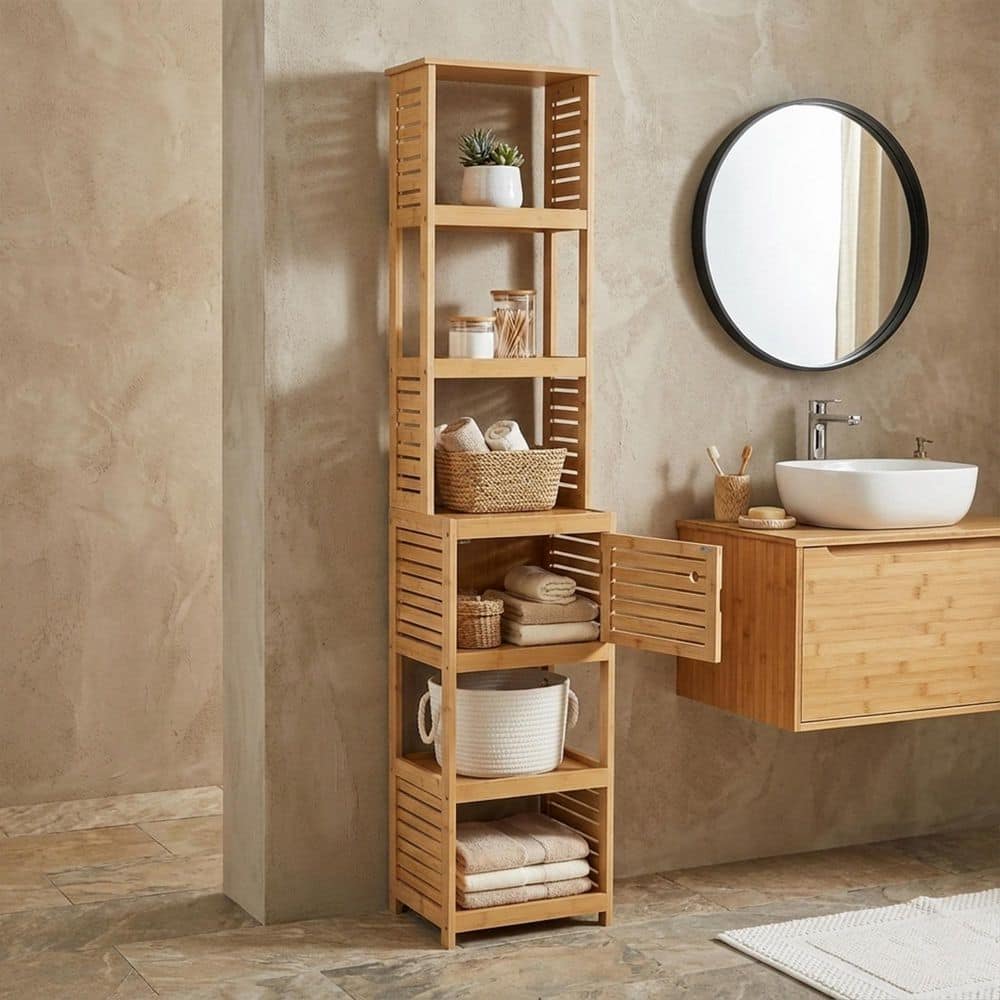 EVIDECO French home goods Trinidad 15.30 in. W x 11.12 in. D x 67.00 in. H Brown MDF Linen Cabinet Free Standing 5 Shelves 1 Door (1)