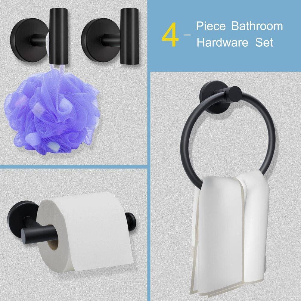 Anqtovp 4-Piece Bathroom Hardware Set with Towel Ring, Toilet Paper Holder, 2 Hooks in Matte Black Stainless Steel (2)