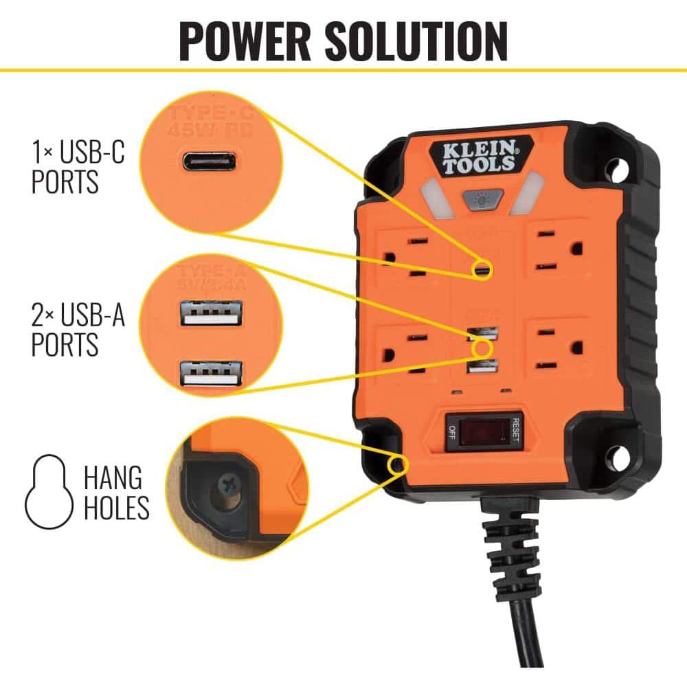 Lukyamzn 4-Outlet Power Supply Box Magnetic Power Strip Surge Protector with 3 USB Ports, 5 ft. Cord & Built-in LED Light, Orange (3)