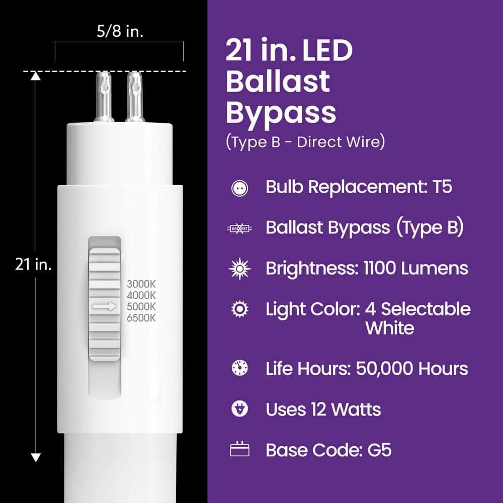 Feit Electric 12-Watt 21 in. T5 G5 Type B Ballast Bypass Linear LED Tube Light Bulb, Selectable White 3000K,4000K,5000K,6500K (1-Pack) (3)