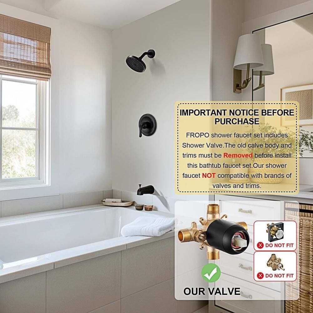 Numhew 4-Piece Single-Handle Tub and Shower Trim Kit with High-Pressure 6 in. Rain Shower Head, Valve and Tub Spout, Black (2)