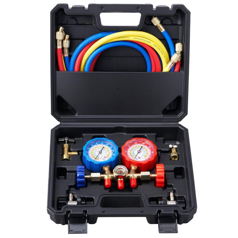 SKYSHALO 3-Way AC Manifold Gauge Set for R134A, R22, R12, R502, 5 ft. Hoses, Couplers, Can Tap for Car Freon Charging (1)