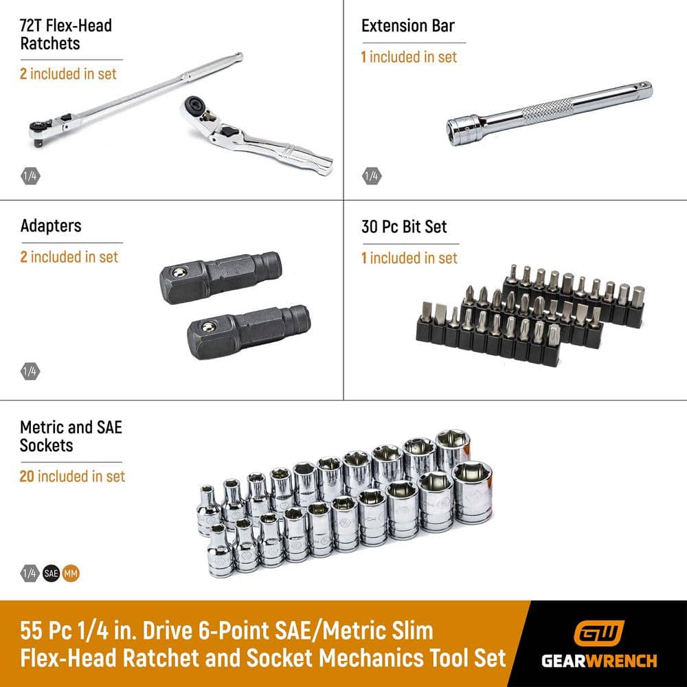 GEARWRENCH 1/4 in. Drive 6-Point SAE/Metric Slim Flex-Head Ratchet and Socket Mechanics Tool Set (55-Piece) (2)