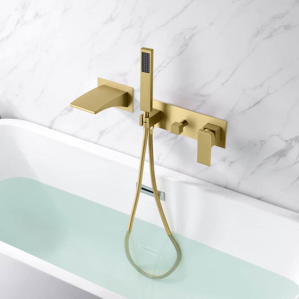 SUMERAIN Waterfall Single-Handle Wall Mounted Roman Tub Faucet with Hand Shower in Brushed Gold (3)