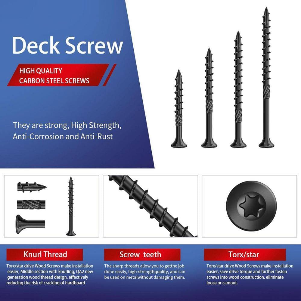 Afoxsos Carbon Steel Black Rust Resistant Epoxy Coated Deck Screws Flat Head (115-Pack) with T25 Star Bit (3)