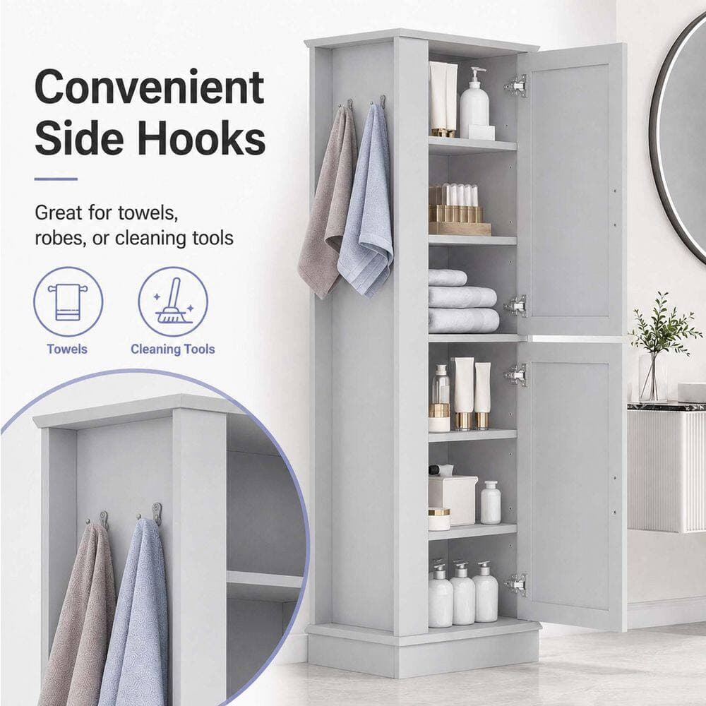 Bezeit 21 in. W x 14 in. D x 68 in. H White MDF Freestanding Linen Cabinet with with Hook and Adjustable Shelf in Gray (3)