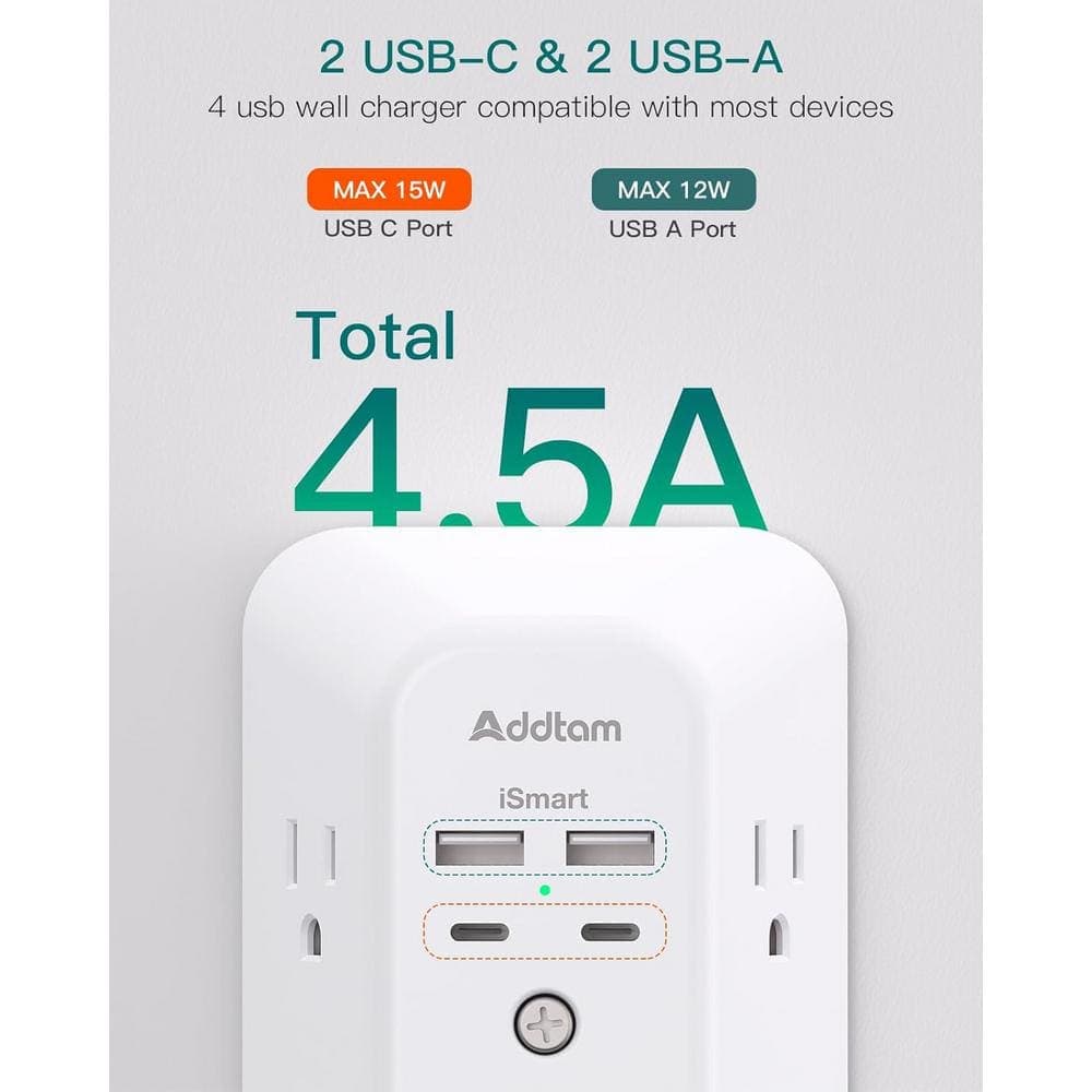 Ahfiwaso 5-Outlet Wall Surge Protector Outlet Extender with 4-USB Wall Port in White (3)
