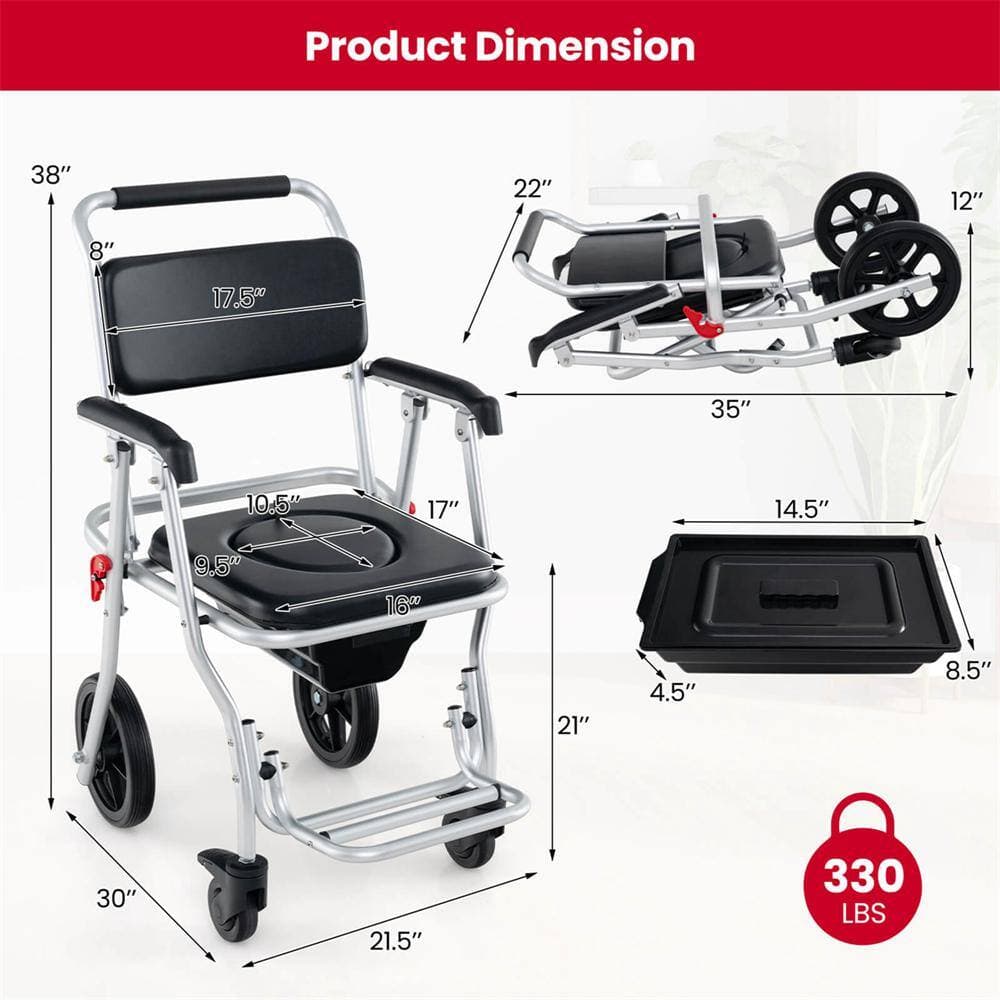 Costway 30 in. x 21.5 in. 4-in-1 Bedside Commode Chair Toilet Seat with Brakes, Bucket Footrest Padded Seat & Backrest (3)