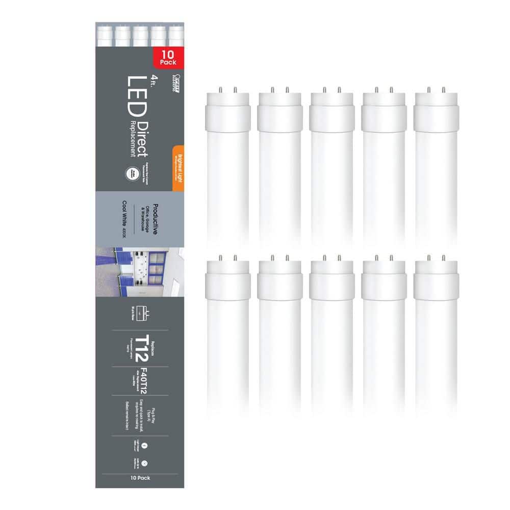 Feit Electric 40-Watt 4 ft. T12 G13 Type A Plug and Play High Output Linear LED Tube Light Bulb, Cool White 4000K (10-Pack) (2)