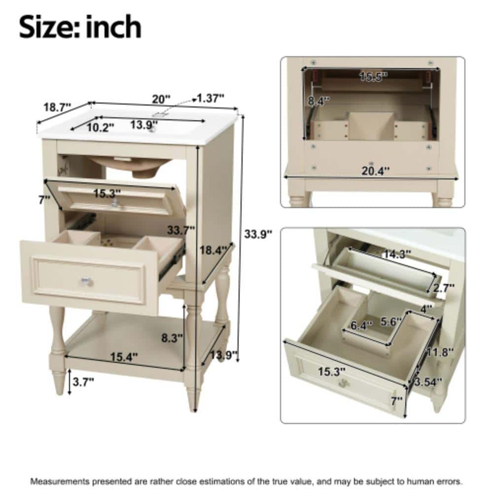 Unbranded 20.4 in. W x 18.7 in. D x 33.9 in. H Bathroom Beige Linen Cabinet (2)
