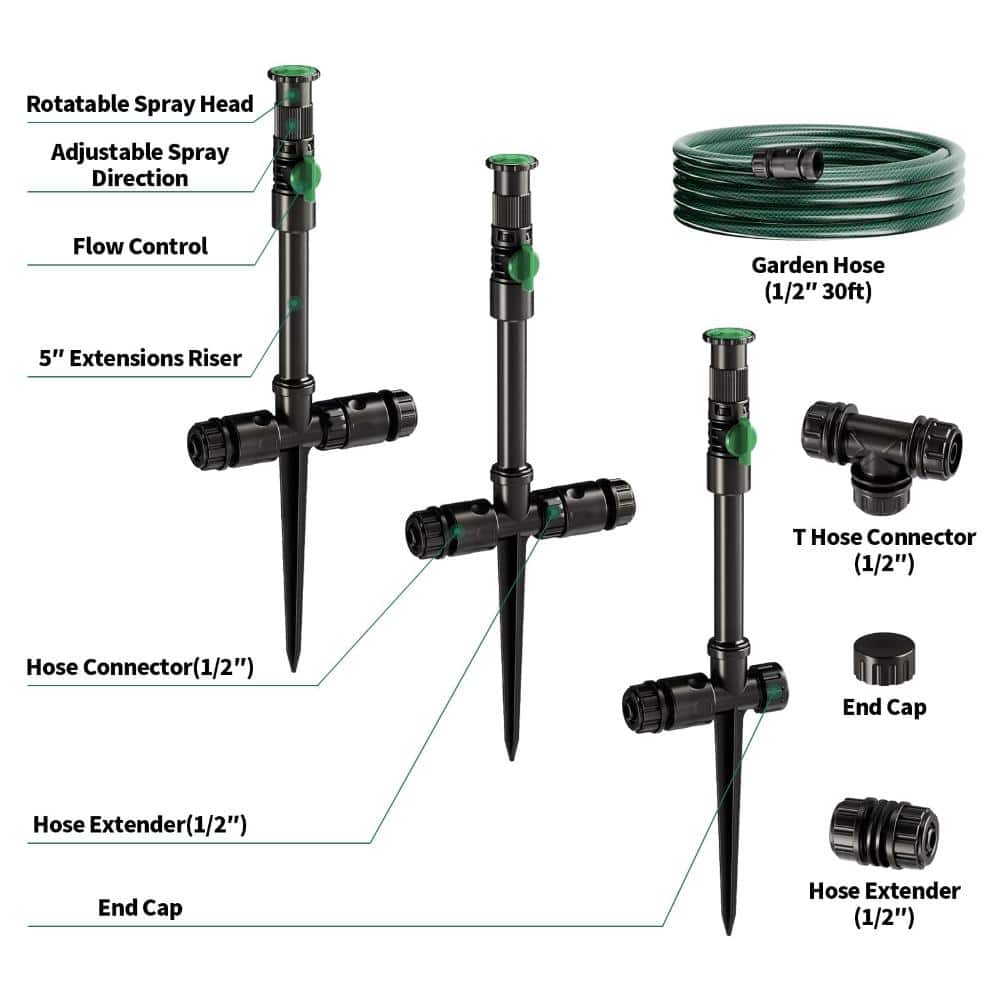 Unbranded 30 ft Flexible Sprinkler System, Above Ground DIY Irrigation Kit with 3 Adjustable Lawn Sprinklers for Flower Beds, Rais (3)