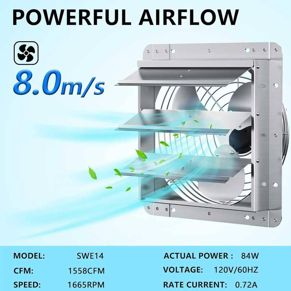 KIWDZFU 1558 CFM 14 in. Aluminum Electric Powered Wall Mounted Exhaust Fan High Speed Automatic Shutter Attic/Vent Fan (3)