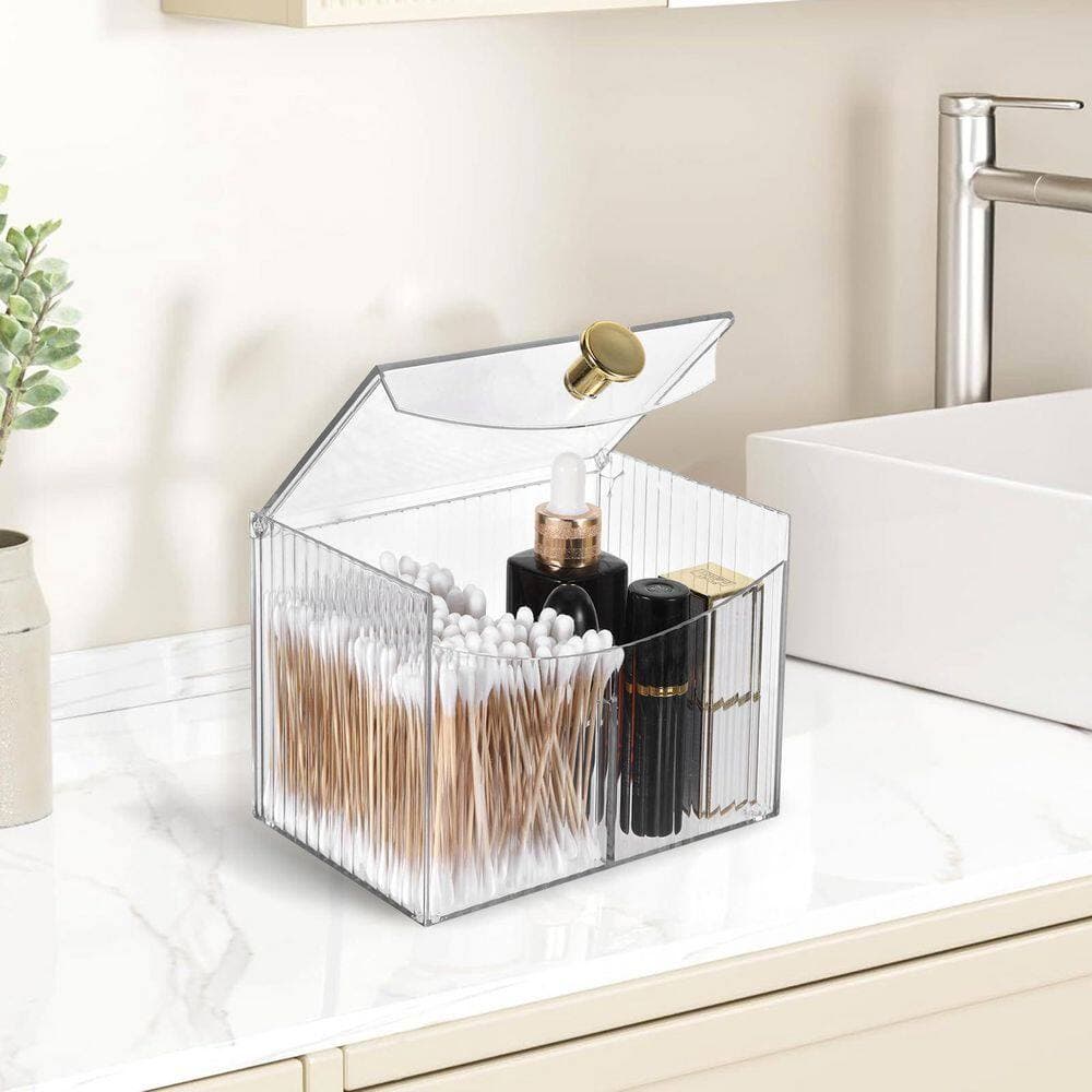 KHKFY 2-Compartment Transparent Cotton Swab and Cotton Ball Organizer with Flip Lid 5.3 x 3.5 x 3.9 in. Clear (3)