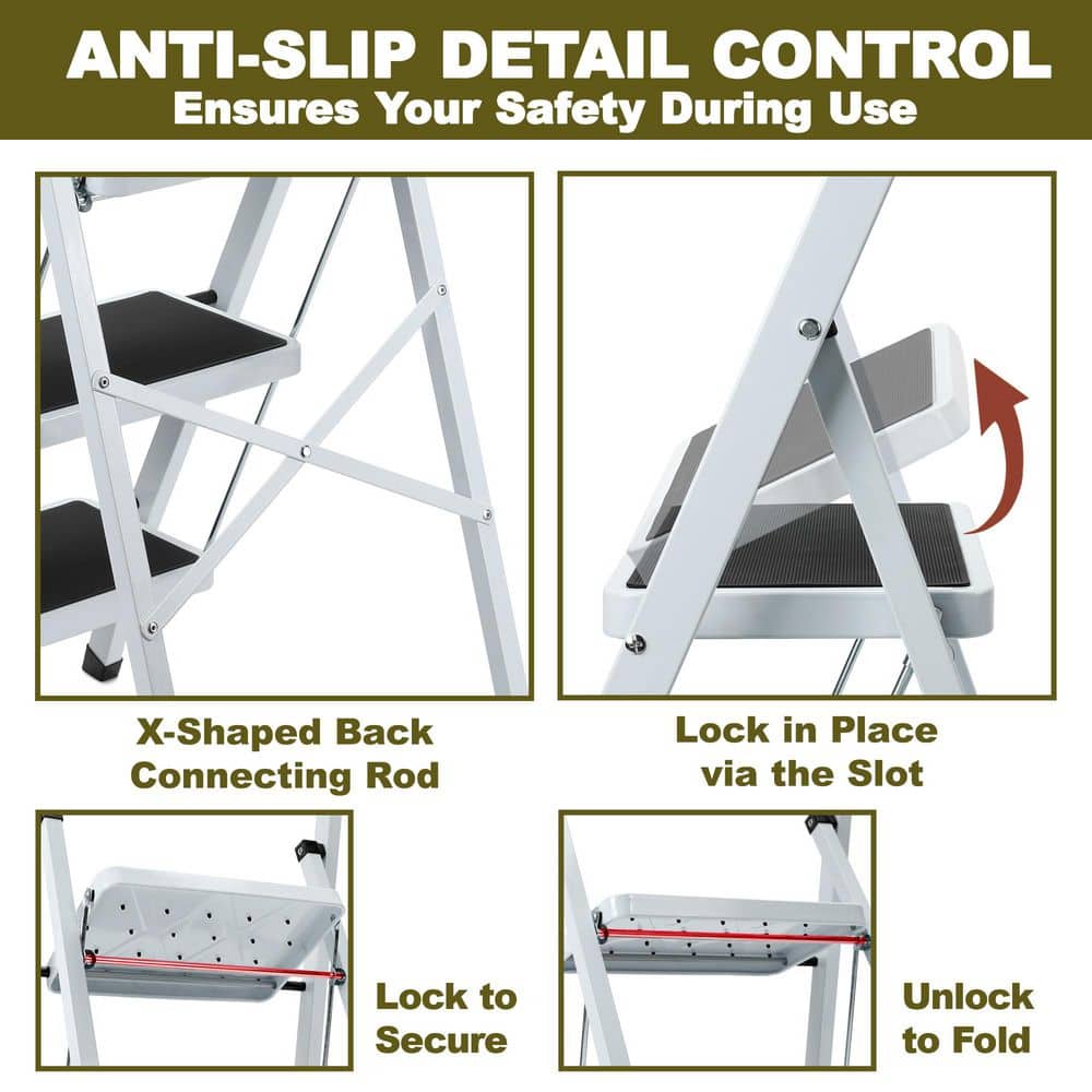 maocao hoom 3 ft. Reach 3-Step Iron Ladder Foldable Non-Slip Outdoor Ladder Loading 500 lbs. for Home, Kitchen, Office, White (4)