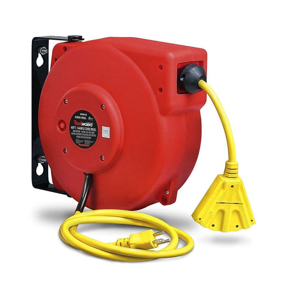 REELWORKS 40 ft. 14/3 13 Amp Retractable Extension Cord Reel with 3-Grounded Outlets and Tri-Tap End