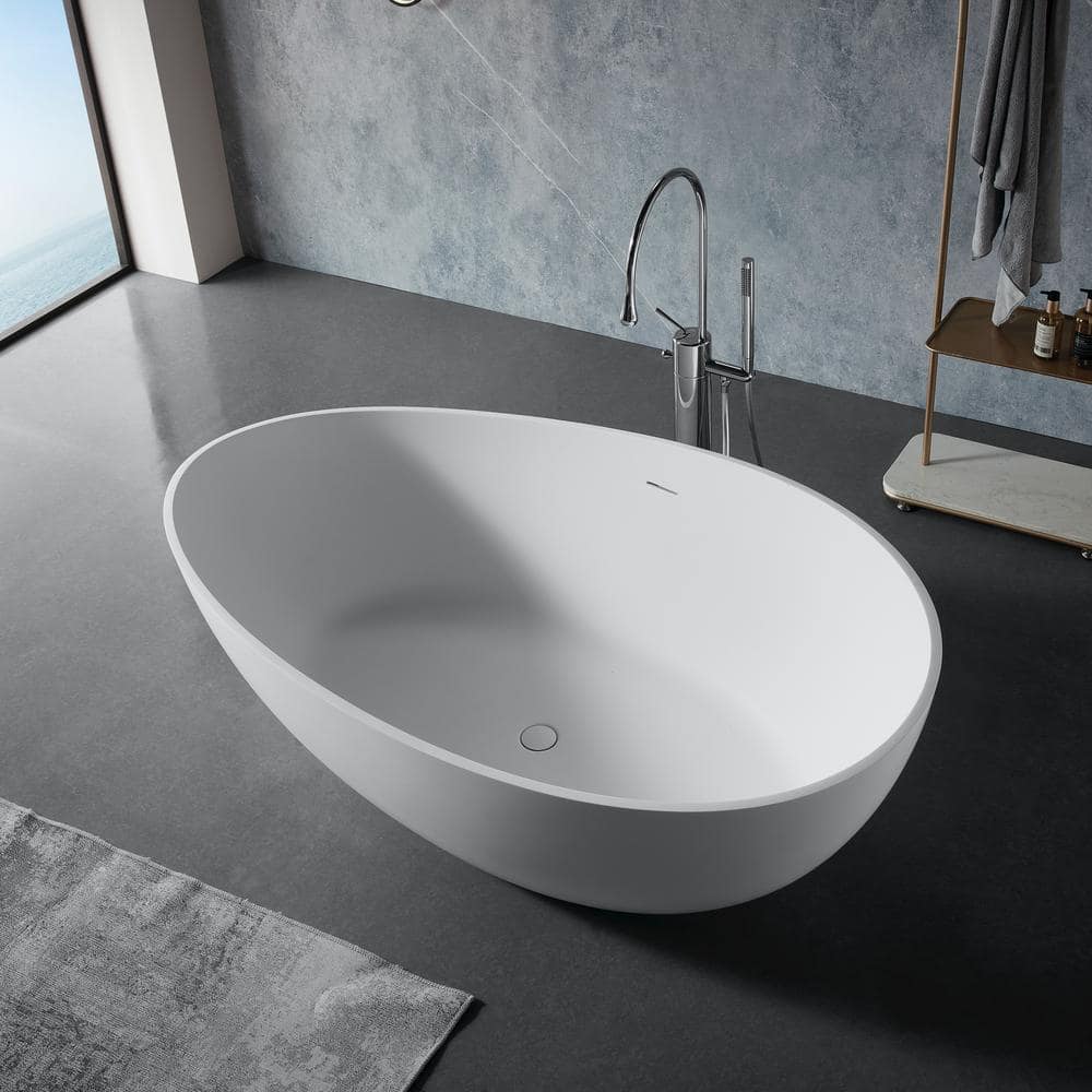 EAKYHOM 63 in. x 37 in. Solid Surface Stone Resin Flatbottom Freestanding Double Slipper Soaking Bathtub in Matte White (2)