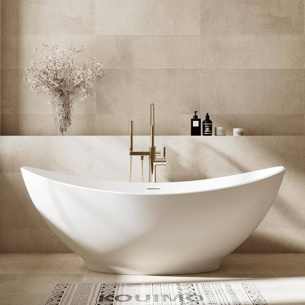 KOUIMO 67 in. Artificial Stone Freestanding Soaking Bathtub with Drain, Flat Bottom, White