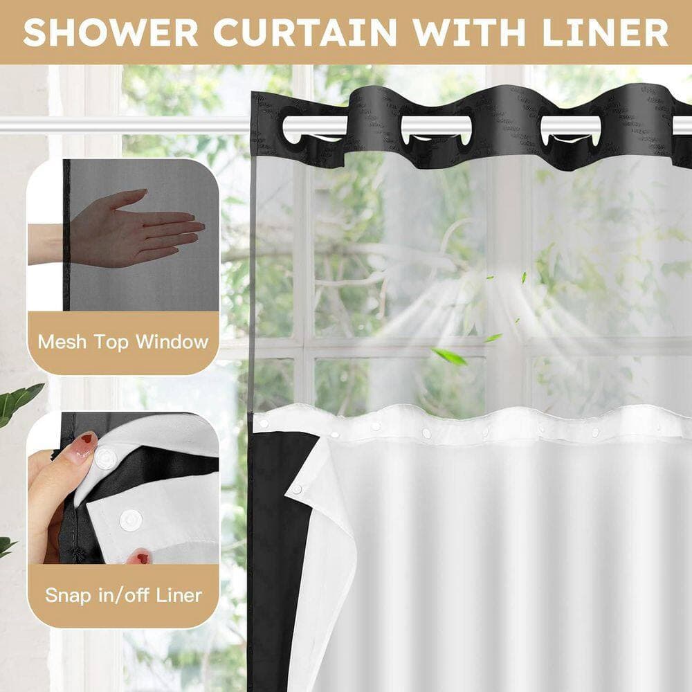 Numhew 74 in. W x 71 in. L Polyester Shower Curtain in Black, No Hook Shower Curtain and Liner Set for Bathroom and Hotel (3)