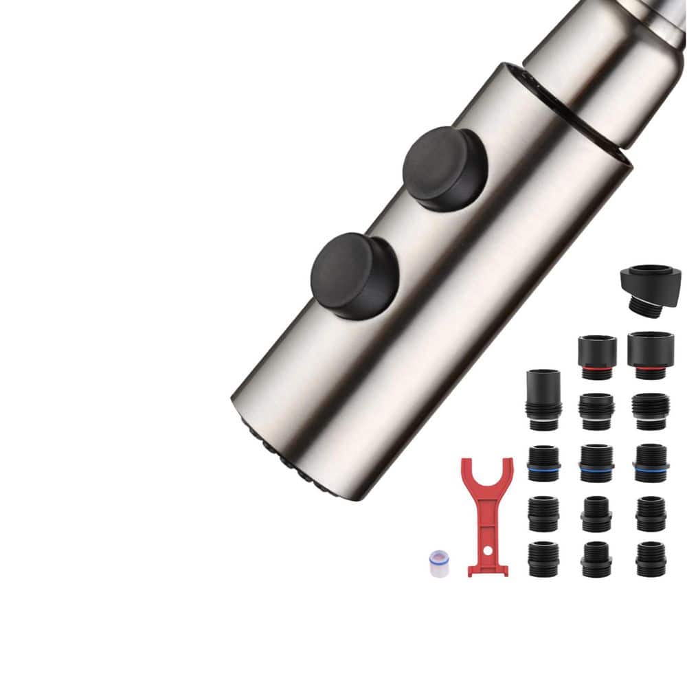 Wudkey 1-Piece 2-Function kitchen Faucet Head Replacement in Brushed Nickel, Included 15 Adapters, with Mounting Hardware