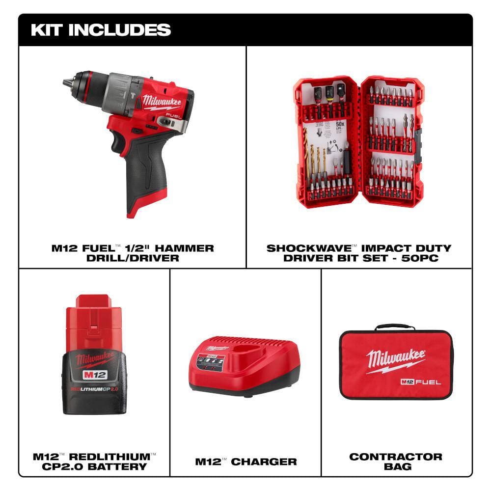 Milwaukee M12 FUEL 12-Volt Li-Ion Brushless Cordless 1/2 in. Hammer Drill Kit w CP 2.0Ah Battery, Charger & Drill Bit Set (50-Pc) (2)