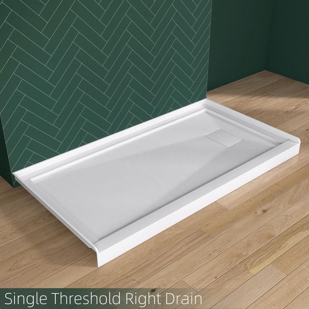Zeafive 60 in. L x 32 in. W Alcove Single Threshold Acrylic Shower Pan Base with Right Drain and Cover Bathroom Tray in White (2)