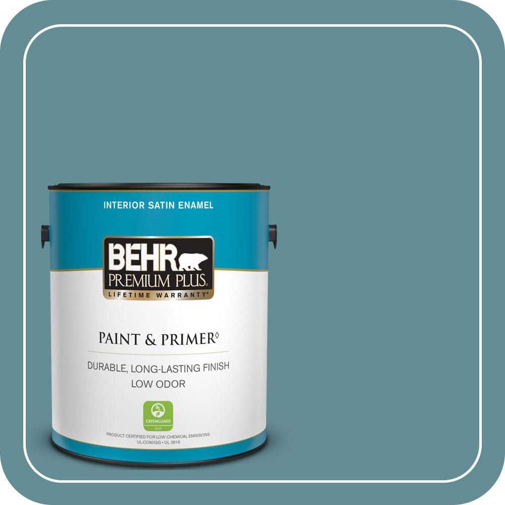 BEHR PREMIUM PLUS 1 gal. #S450-5 Oarsman Blue Satin Enamel Low Odor Interior Paint & Primer