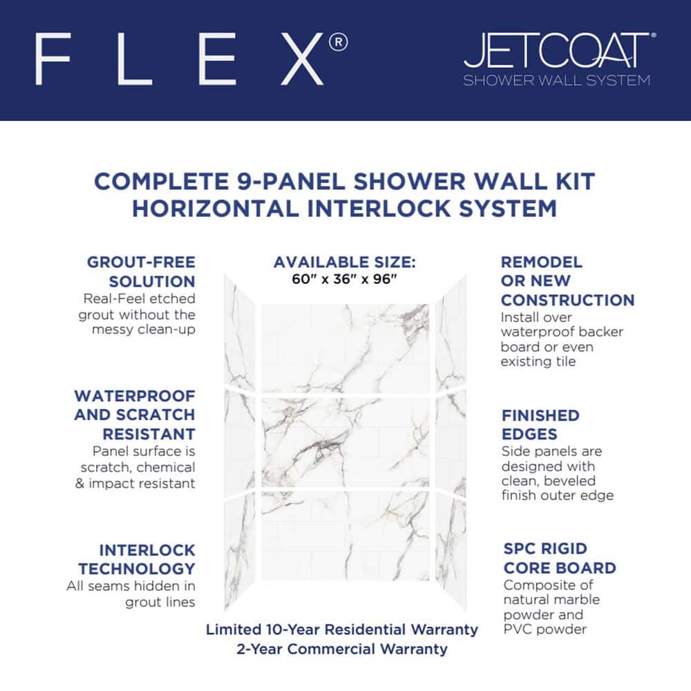 CRAFT + MAIN Jetcoat Flex 60 in. W x 96 in. H x 36 in. D 9-Piece Glue Up Composite Alcove Shower Surround in Bianco Marble (3)
