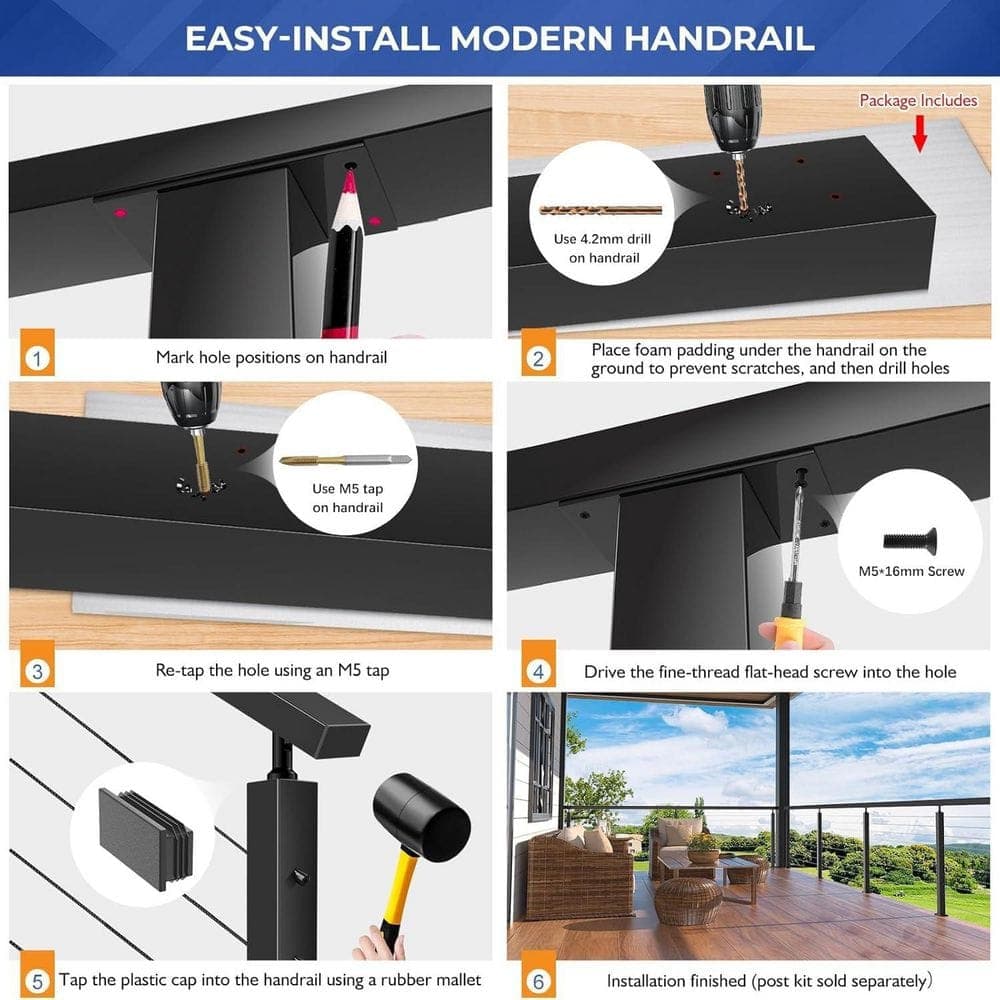 Unbranded 10 ft. T304 Stainless Steel Black Handrail for Cable Railing System Flat Top Undrilled 3-Pack Indoor Outdoor (2)