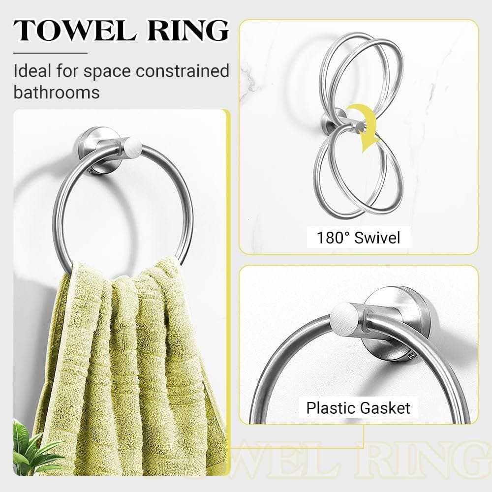 JFVKAF 5-Piece Bathroom Hardware Set with Towel Bar, Towel Ring, Toilet Paper Holder, 2 Robe Hooks in Silver (3)