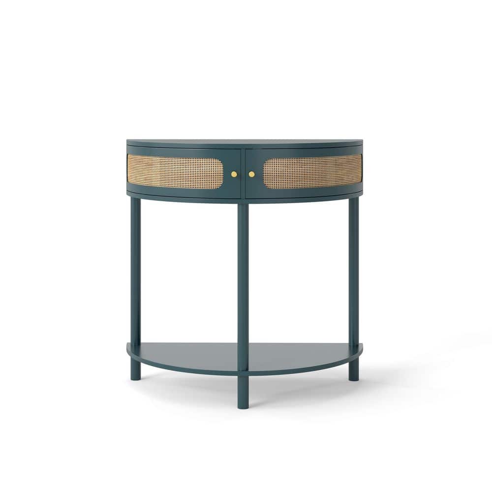 Lycvki 31.88 in. W 32.30 in. H x 15.75 in. D Wood Half Round Shelf in Antique Green with Sliding Rattan Door (1)