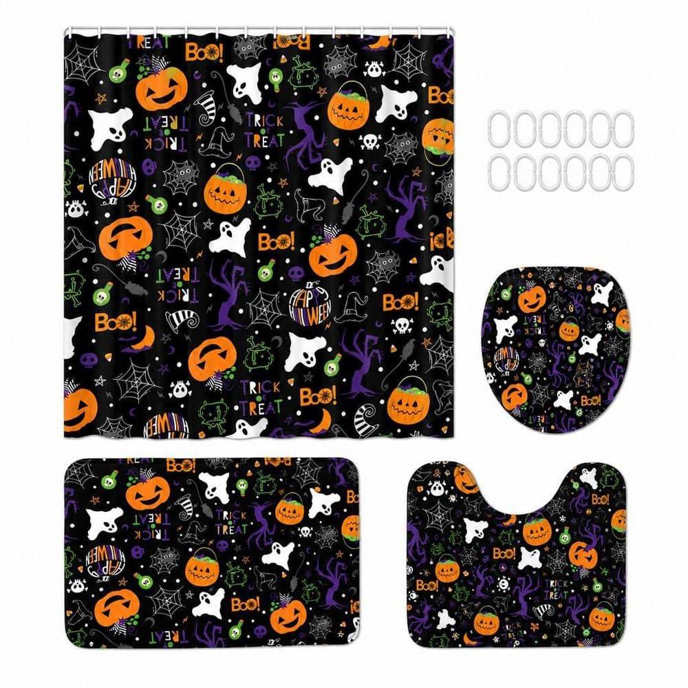Wudkey 4-Piece 69 in. W x 70 in. L Polyester Halloween Pumpkin Spooky Ghost Shower Curtain in Multicolor with Rugs, 12 Hooks (1)
