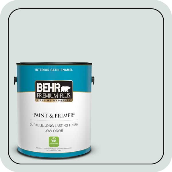 BEHR PREMIUM PLUS 1 gal. #490E-2 Delicate Mist Satin Enamel Low Odor Interior Paint & Primer (2)