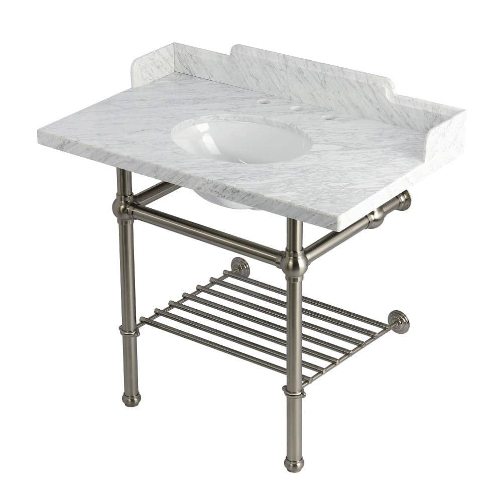 Kingston Brass Pemberton 36 in. Marble Console Sink with Brass Legs in Marble White/Brushed Nickel