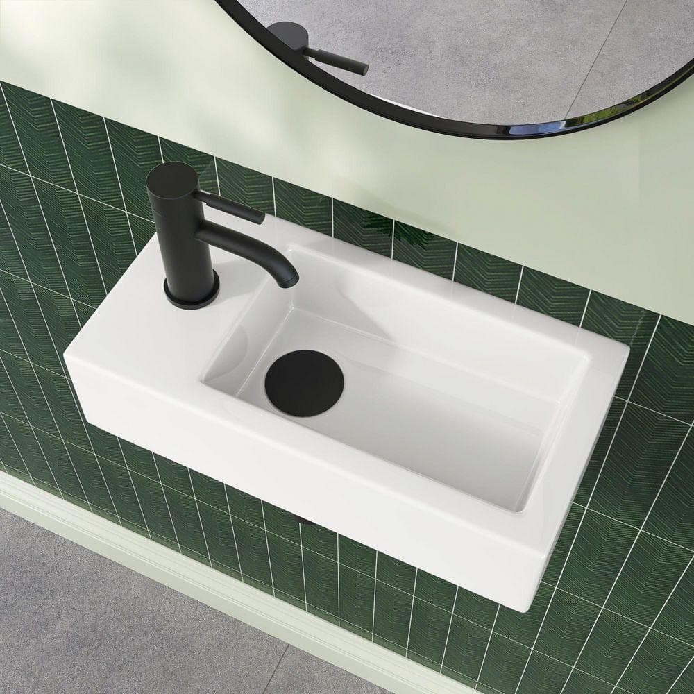 NTQ Zeara 14.6 x 7 x 3.5 in. Rectangular Ceramic Wall Mount Small Vessel Sink Wall Hung with Left Side Faucet Mount in White (1)
