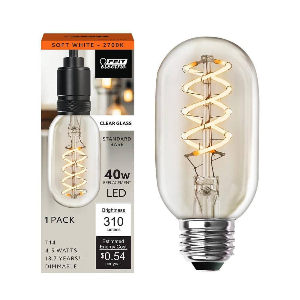 Feit Electric 40-Watt Equivalent T14 Dimmable Spiral Filament Clear Glass E26 Vintage Edison LED Light Bulb, Soft White