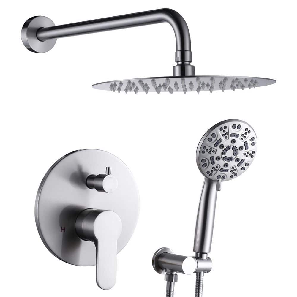 WOWOW 9-Spray Patterns with 1.8 GPM 10 in. Wall Mount Rain Fixed Shower Heads in 10 in. Brushed Nickel (1)