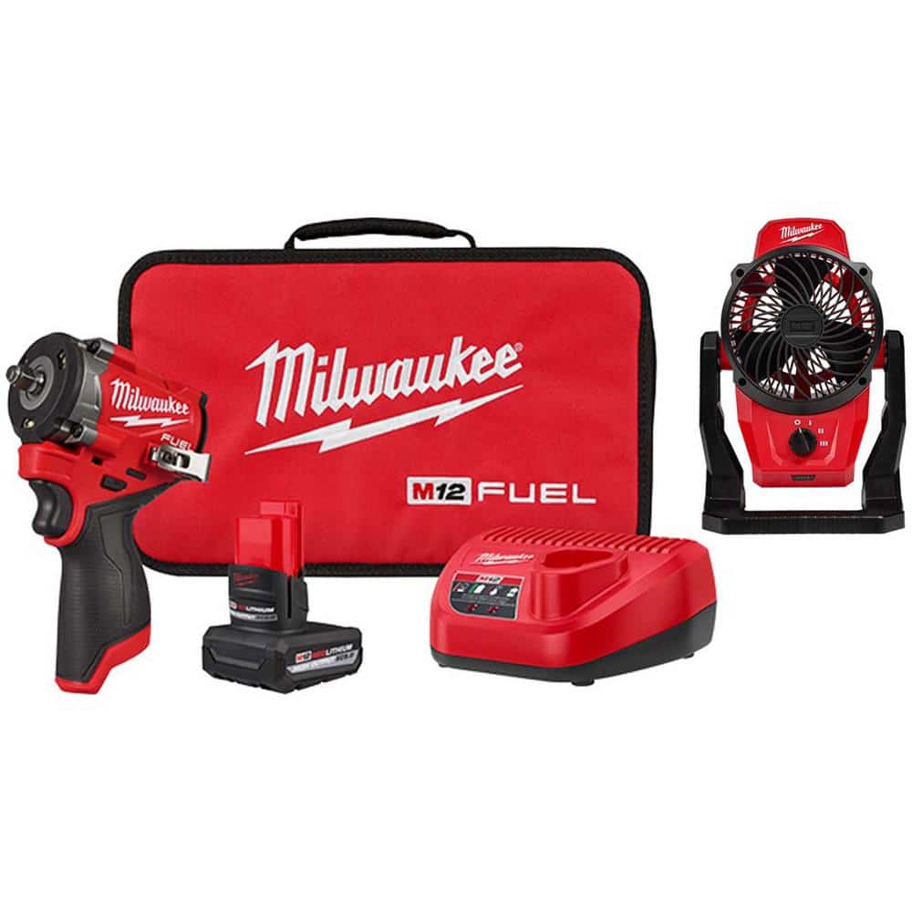 Milwaukee M12 FUEL 12V Lithium-Ion Brushless Cordless Stubby 3/8 in. Impact Wrench Kit with M12 Jobsite Fan (2-Tool) (1)